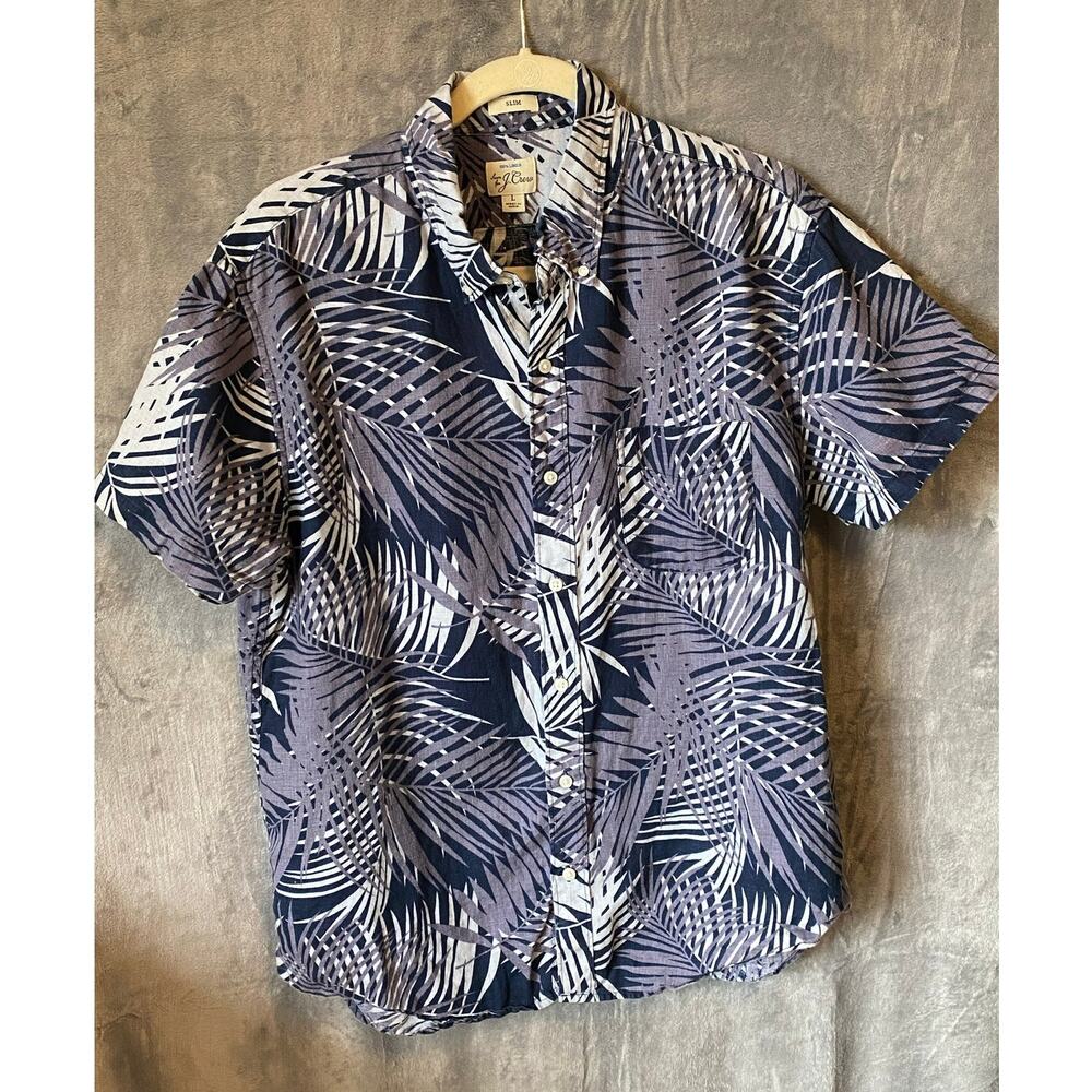 J Crew Men Large 100% Linen Short Sleeve Shirt Tropical Palm Leaves Button Down
